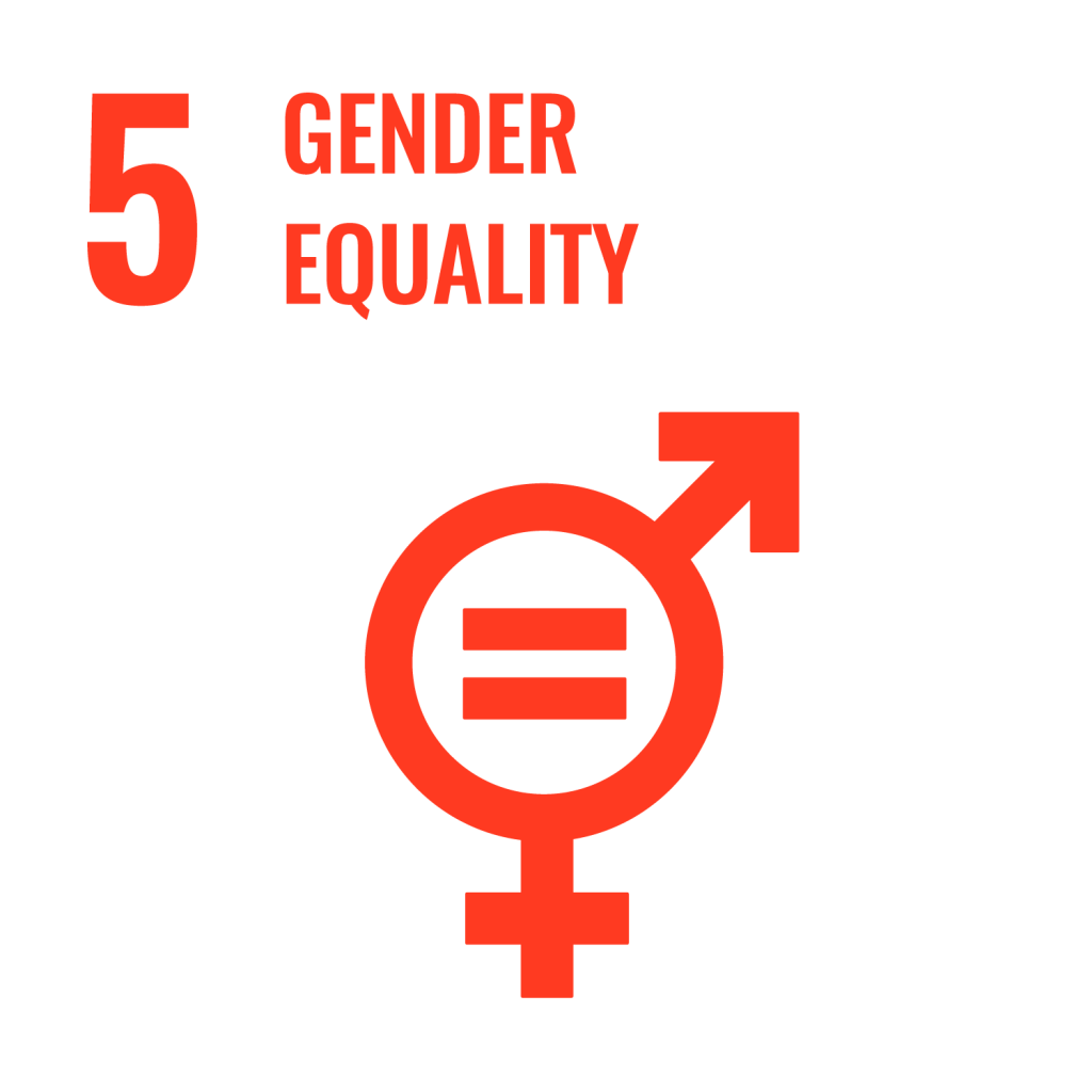 SDG 5 Gender Equality icon showing combined gender symbols with an equal sign in the center on a white background.