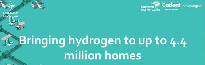 Turquoise banner with pipeline diagrams and text: "Bringing hydrogen to up to 4.4 million homes." Logos: Northern Gas Networks, Cadent, National Grid.