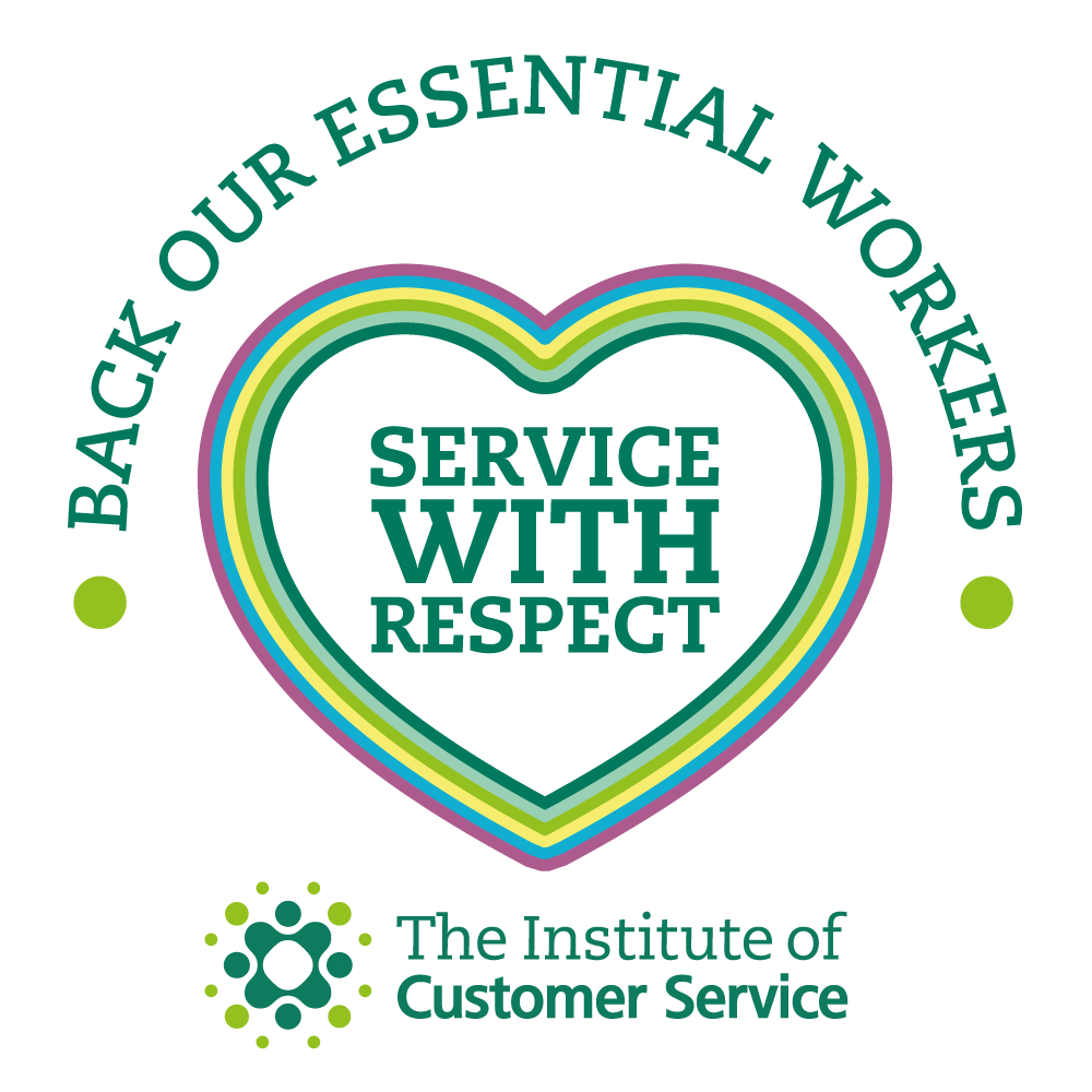 A graphic with a rainbow-colored heart outline in the center. Inside the heart, bold green text reads: “SERVICE WITH RESPECT.” Above the heart, curved text says: “BACK OUR ESSENTIAL WORKERS.” Below the heart is the logo and name of “The Institute of Customer Service,” with the words “Customer Service” in green and a circular green icon made of dots.