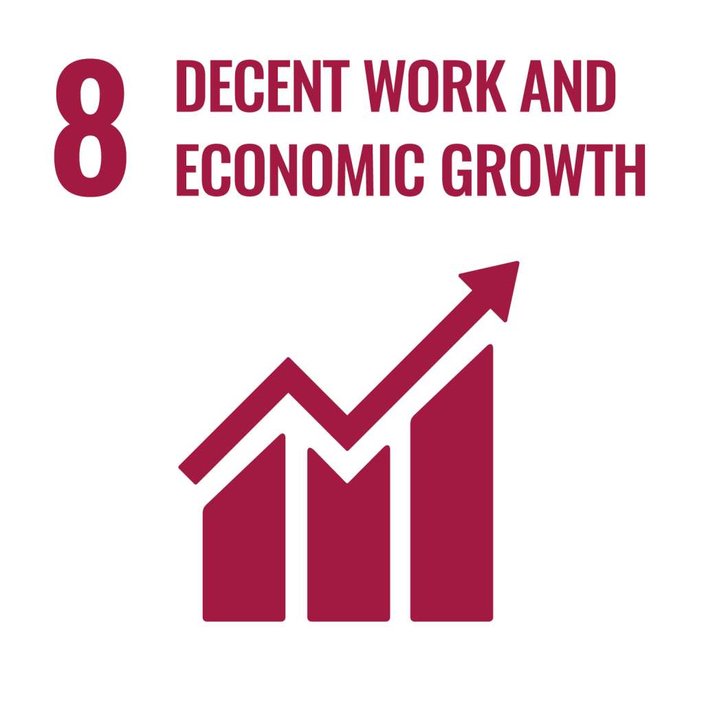SDG 8 Decent Work and Economic Growth icon showing an upward trending bar graph with an arrow indicating economic growth.