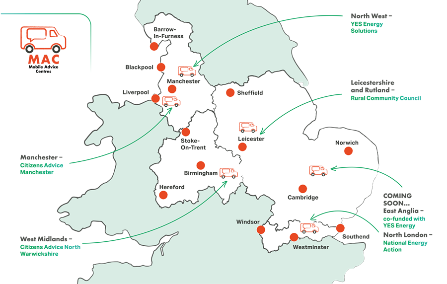 Map showing Cadent MAC partner locations across England.