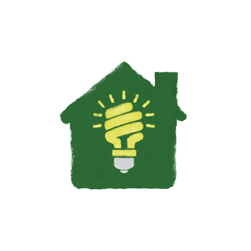 A green house silhouette with a glowing yellow energy-saving light bulb inside, symbolizing eco-friendly living and sustainable energy use.