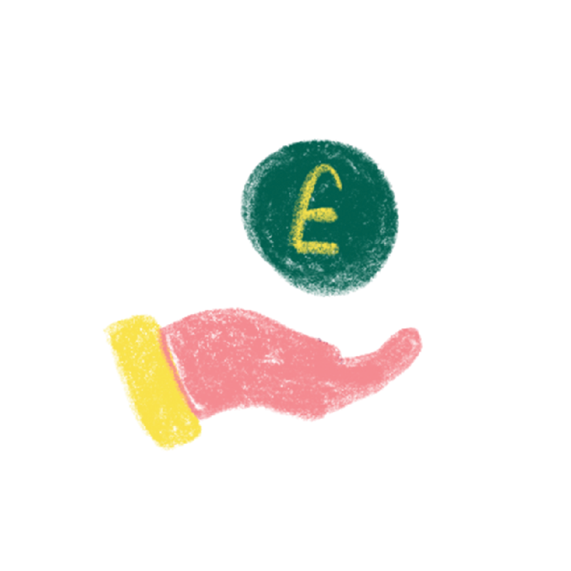 Pink hand with a yellow cuff holds a green coin featuring a yellow pound symbol. Set against a black background, evoking themes of finance and economy.