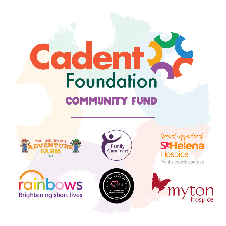 Cadent Foundation Community Fund banner featuring the Cadent Foundation and partner charity logos, including Children’s Adventure Farm Trust, Family Care Trust, St Helena Hospice, Rainbows, and Myton Hospice.