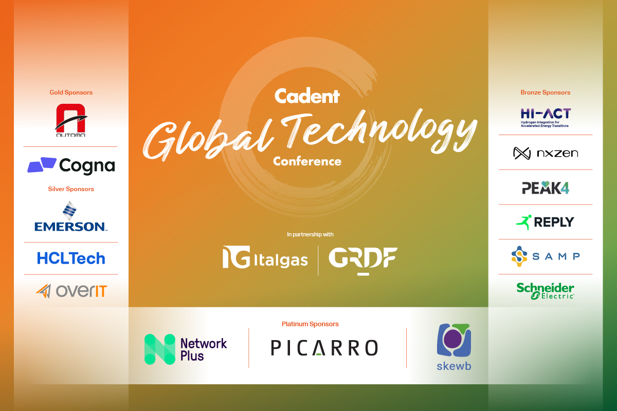The image presents the Cadent Global Technology Conference, highlighting partnerships with Italgas and GRDF, and listing platinum, gold, silver, and bronze sponsors including Network Plus, Picarro, Emerson, HCLTech, Schneider Electric, and others