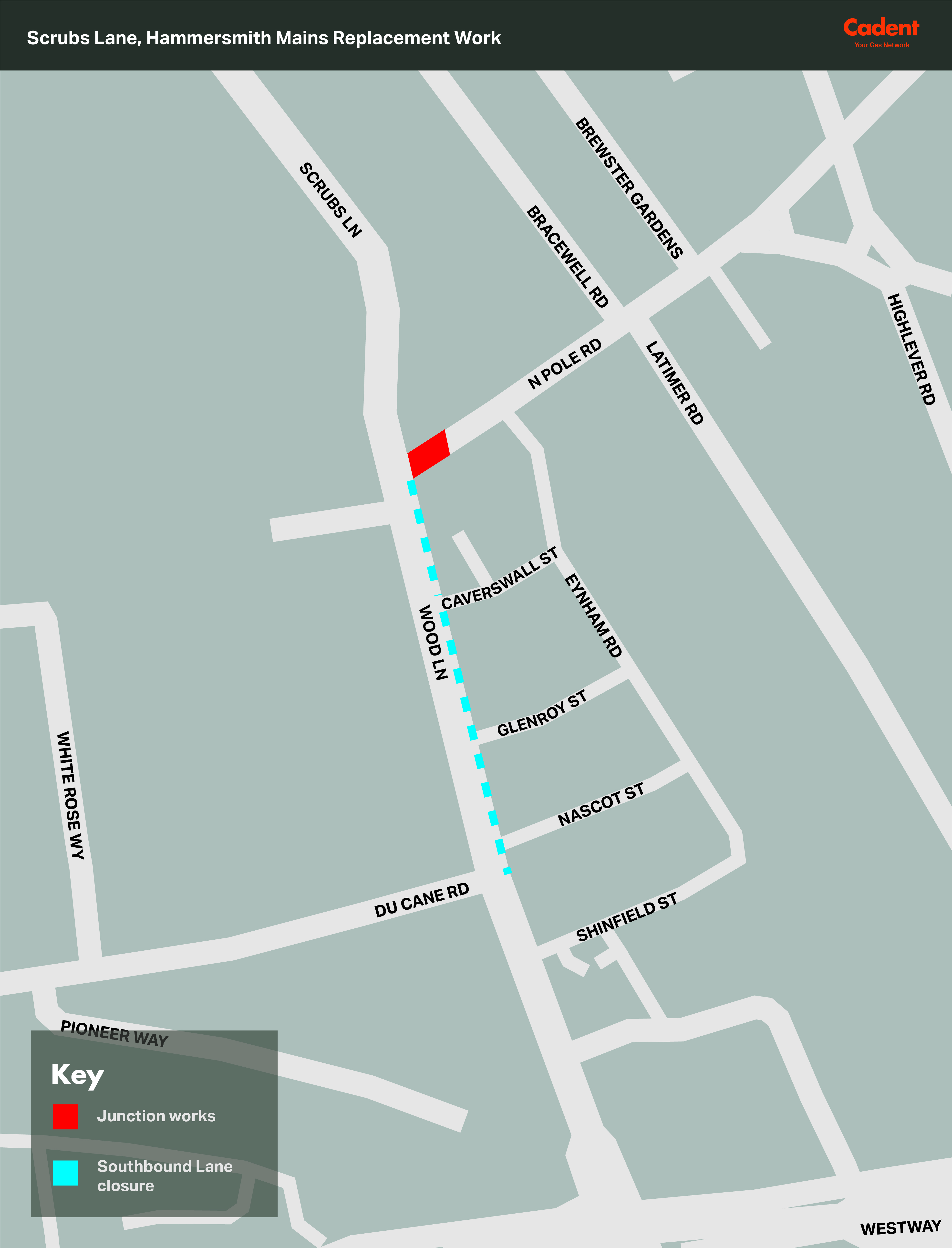 Map of Scrubs Lane, Hammersmith mains replacement works showing junction works and southbound lane closure.
