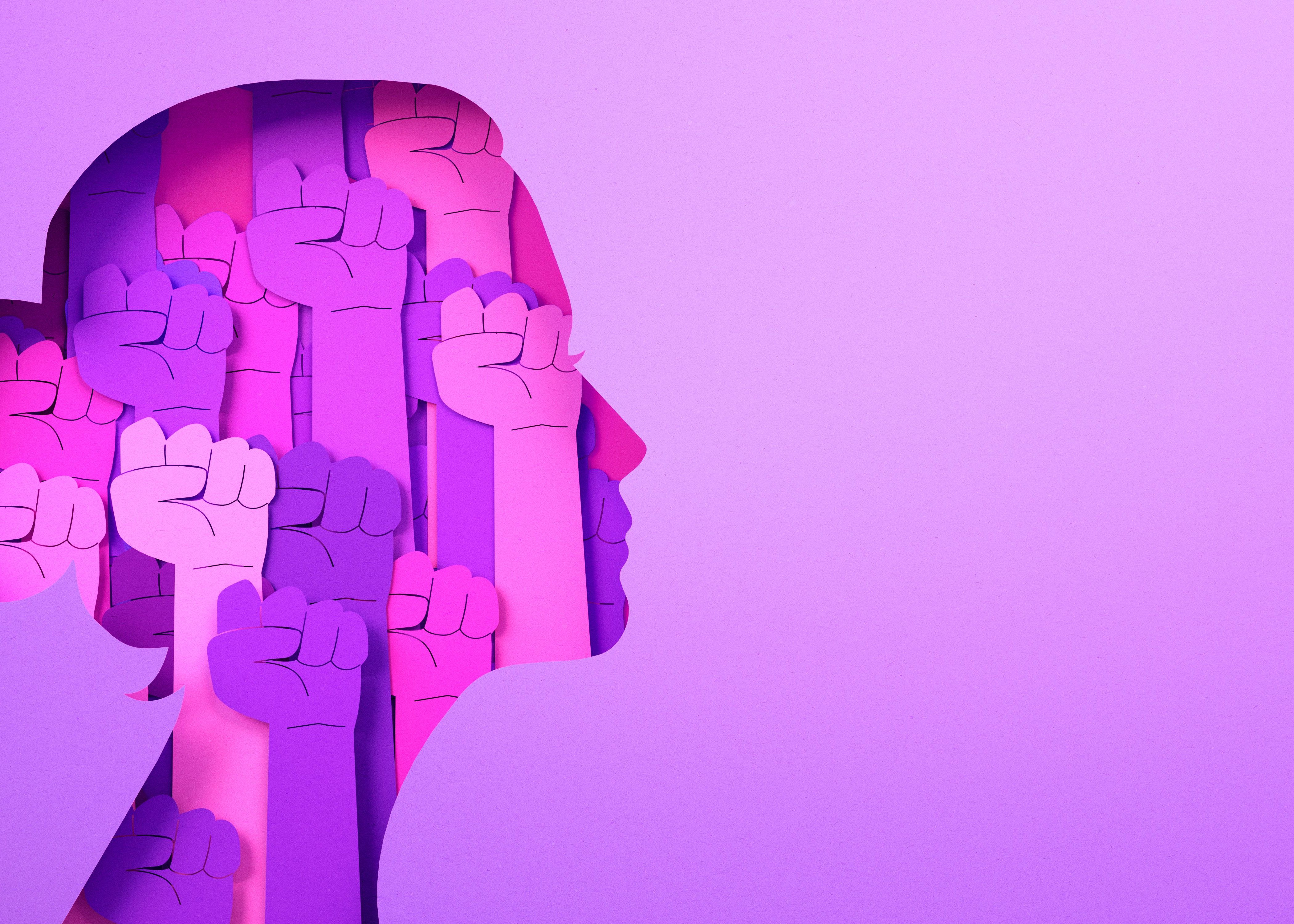 Women's Day poster with woman silhouette and fists inside in paper cut and copy space, 3D illustration.