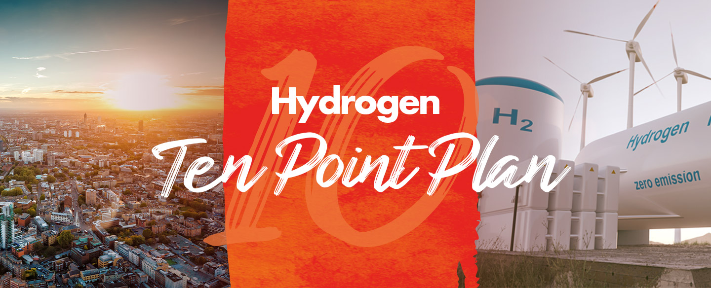 A cityscape at sunset on the left, a large '10' on a red background in the center, and hydrogen energy tanks with wind turbines on the right. Text reads 'Hydrogen Ten Point Plan.'