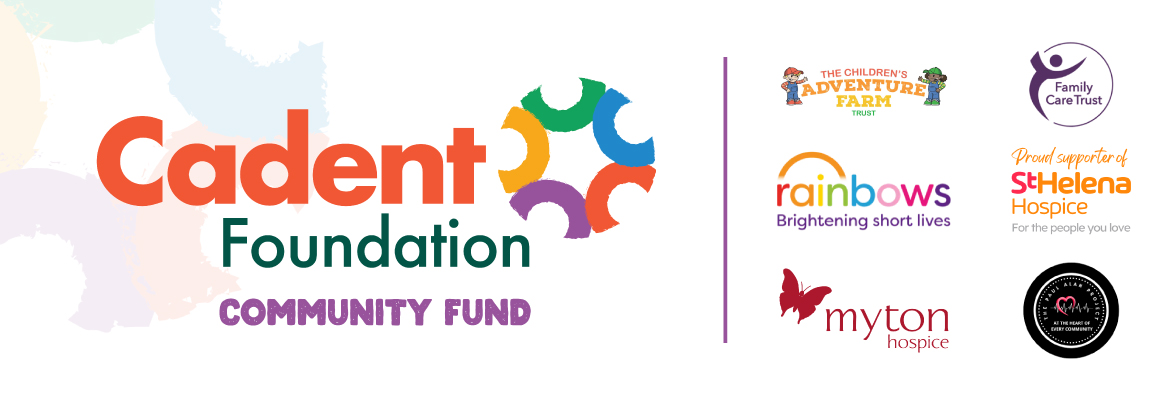 Cadent Foundation Community Fund logo in bold colors on the left. Partner charity logos on the right including Rainbow, Myton Hospice, and others.