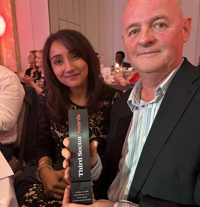 Ranjit and Graham holding the Charity Partnership of the Year award at the Third Sector Awards 2026 for our partnership with Groundwork