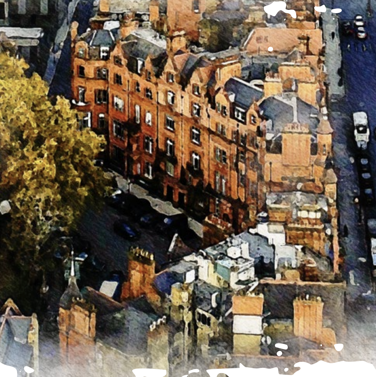 Aerial view of a vibrant urban scene showing a row of classic red brick buildings, lined with tall chimneys. A tree with autumn foliage is visible, and cars are parked along the street, creating a bustling city atmosphere.