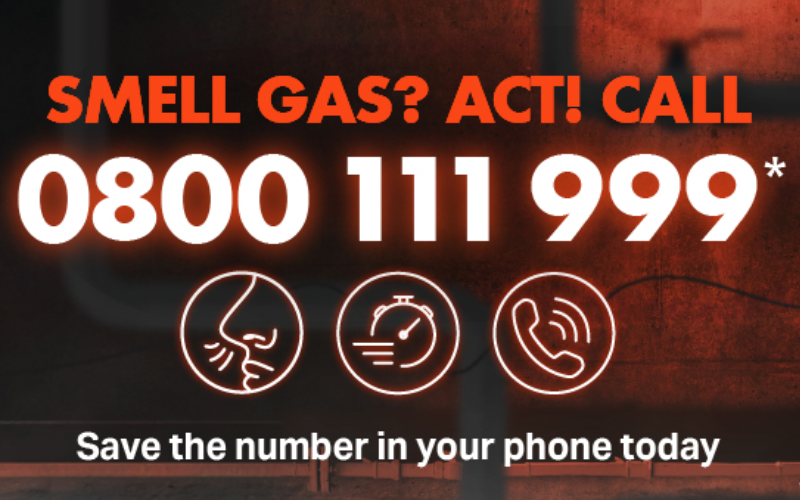Smell gas? Act! Call 0800 111 999 emergency gas safety banner.