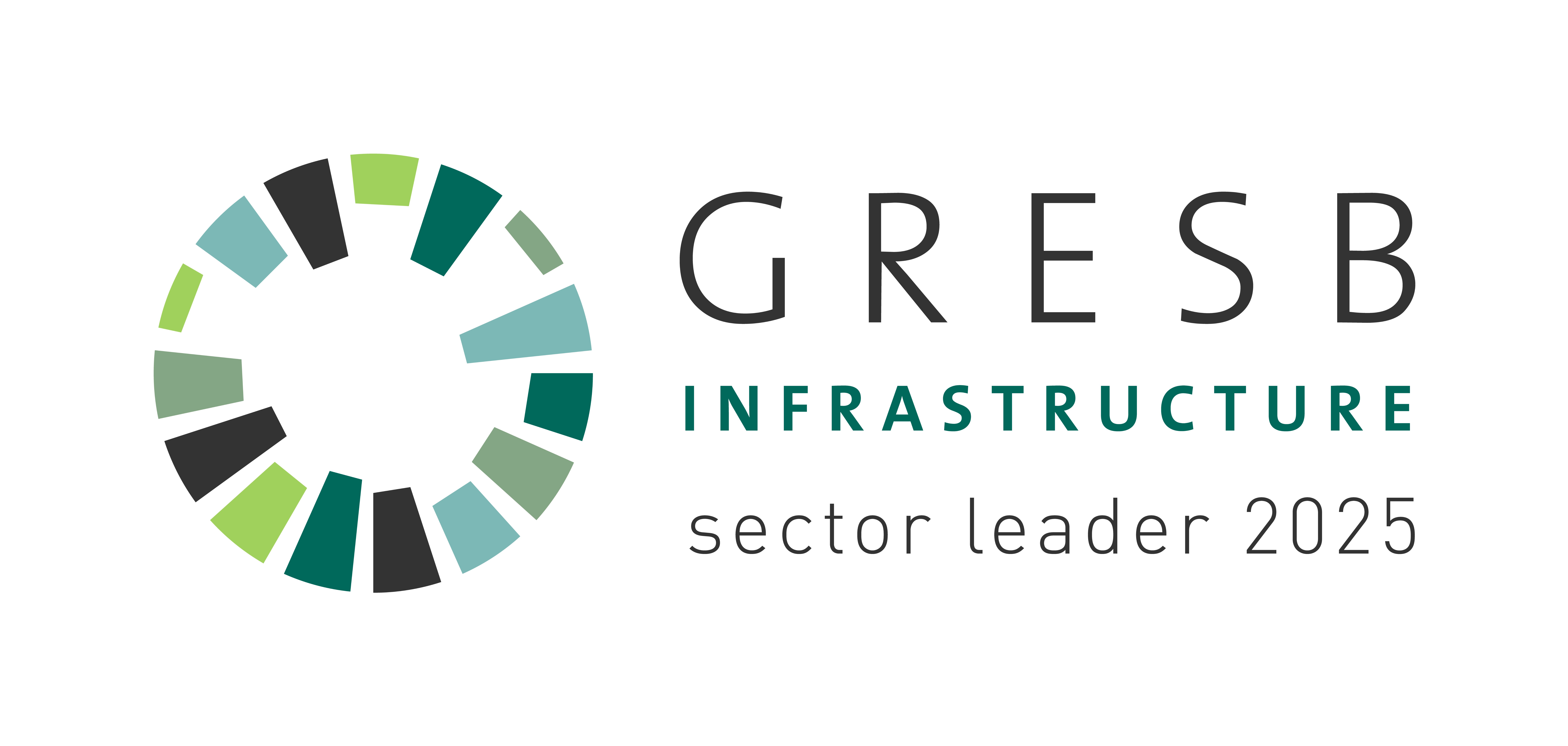 GRESB Infrastructure Sector Leader 2025 logo, featuring a circular icon made of multicolored green and blue segments to the left of the text