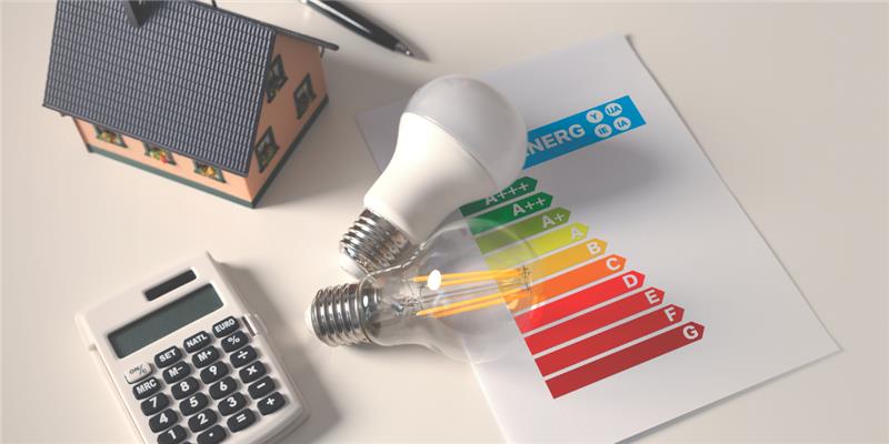 Calculator, light bulbs, and a model house on top of an energy efficiency rating chart ranging from green A++ to red G.