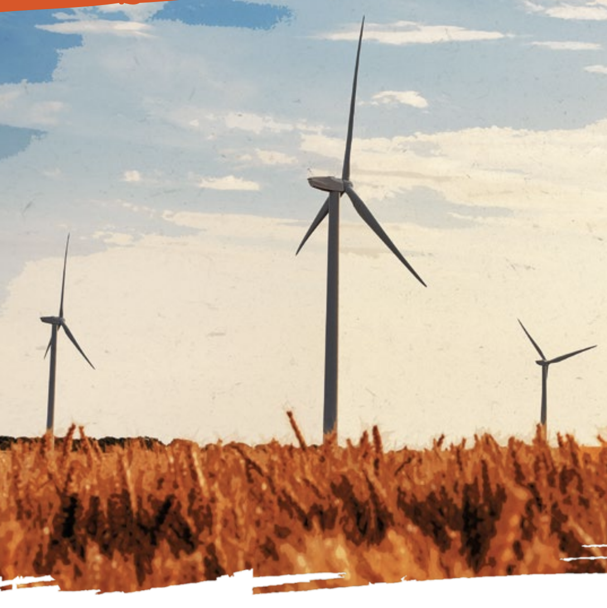 Three wind turbines stand tall against a partly cloudy sky, rising above a golden wheat field. The scene conveys a sense of sustainable energy.