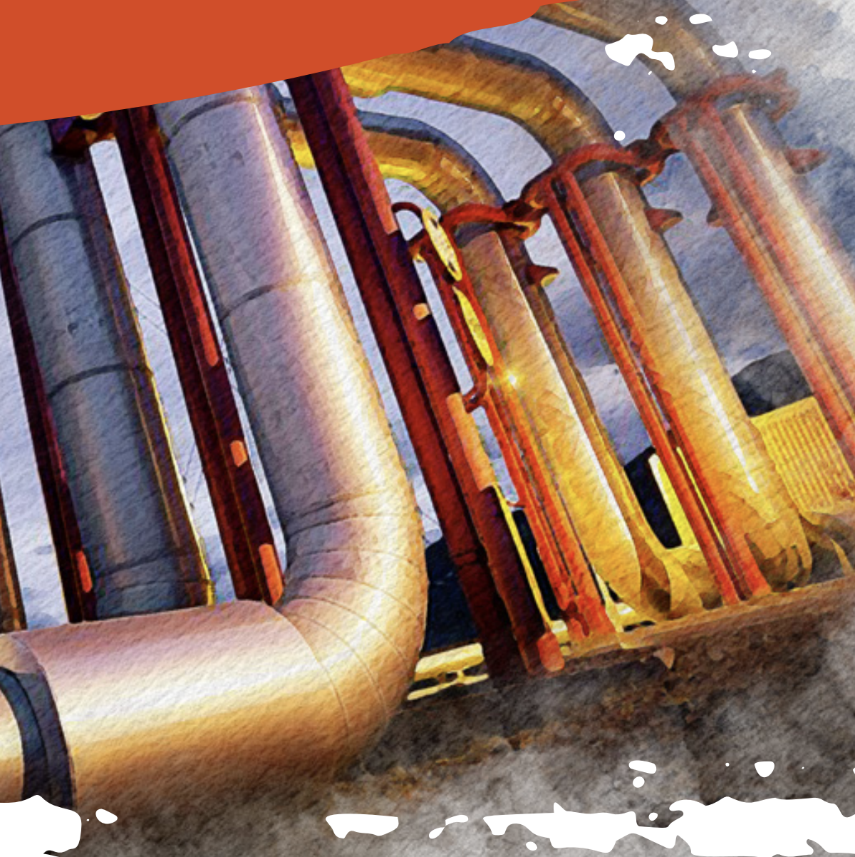 Artistic depiction of large steel industrial pipes with orange supports under a partly cloudy sky, conveying industrial strength and energy.