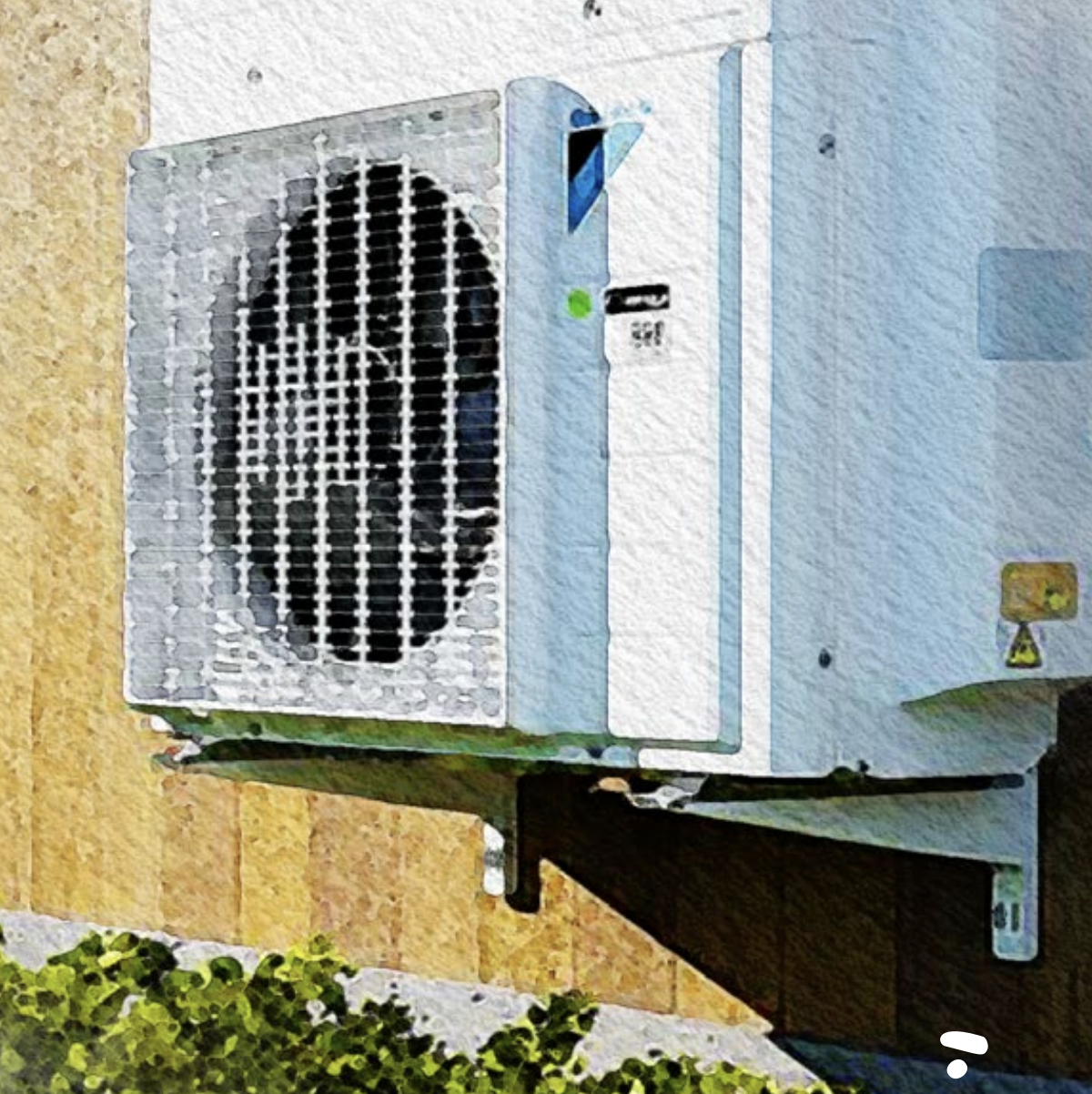 Watercolor-style image of an outdoor air conditioning unit mounted on a wooden wall. Below, green shrubs are partially visible. Bright and serene tone.