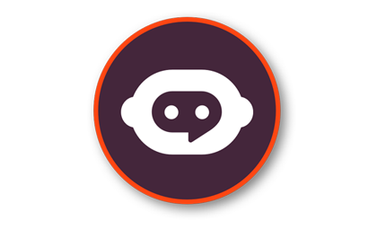 A purple circle with an orange border contains a white speech bubble and robot head icon, suggesting communication or chatbot technology.