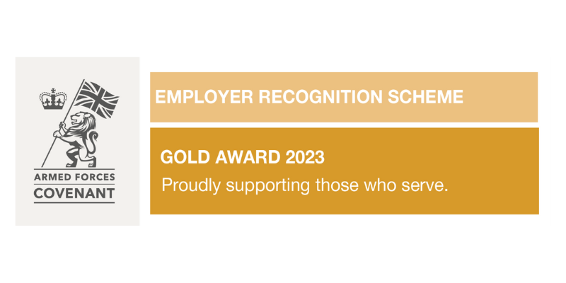 Armed Forces Covenant Employer Recognition Scheme Gold Award 2023 logo, featuring a lion holding a Union flag on the left and gold banners on the right with the text ‘Employer Recognition Scheme’ and ‘Gold Award 2023 – Proudly supporting those who serve.