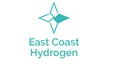 A teal pinwheel shape above the words 'East Coast Hydrogen' on a white background, conveying a clean, renewable energy theme.