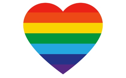 Heart shape filled with horizontal rainbow stripes representing LGBTQ+ Pride.