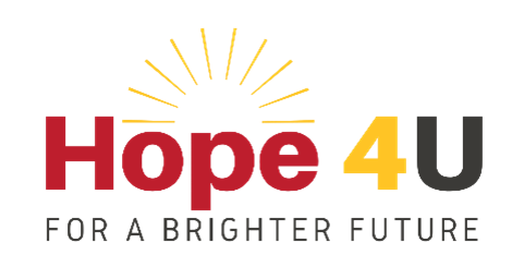 The image is a logo that reads “Hope 4 U” in large text, with “Hope” in red, “4” in yellow, and “U” in dark gray. Above the word “Hope,” there is a stylized yellow sunburst. Below the main text, the tagline “FOR A BRIGHTER FUTURE” appears in gray capital letters.