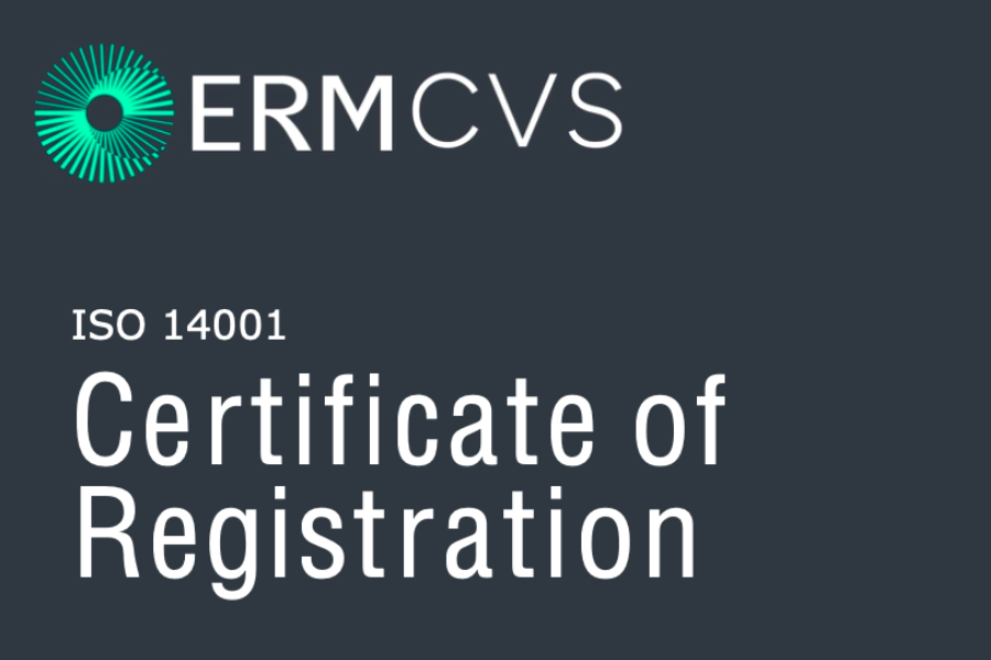ERMCVS logo above the text “ISO 14001 Certificate of Registration” on a dark grey background.