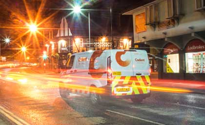 Cadent Van and the street lights in the background.