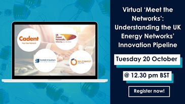 Promotional image for a virtual event titled 'Meet the Networks: Understanding the UK Energy Networks' Innovation Pipeline'. Features logos of Cadent, UK Power Networks, Scottish and Southern Electricity Networks, and Northern Powergrid on a laptop screen. Event details include Tuesday 20 October at 12.30 pm BST. A 'Register now!' button is displayed on a blue background.