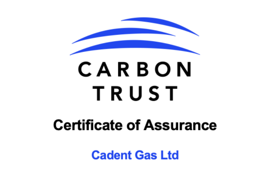 Carbon Trust Certificate of Assurance logo with blue curved lines, black and blue text, awarded to Cadent Gas Ltd.