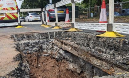 Old tram tracks visible in Cadent works to fix gas leak